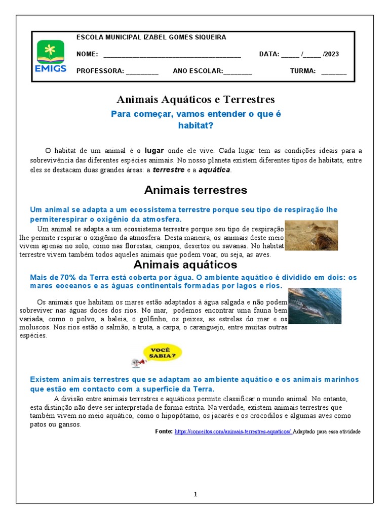 Ciencias - Animais Aquaticos e Terrestres | PDF | Habitat | Ecossistema ...