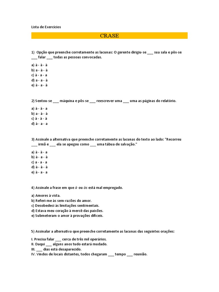 Exercícios sobre Crase com Gabarito | PDF | Métodos e Materiais de Ensino