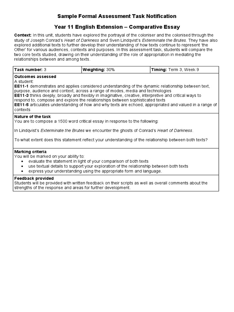 Stage 6 english extension year 11 sample assessment task comparative