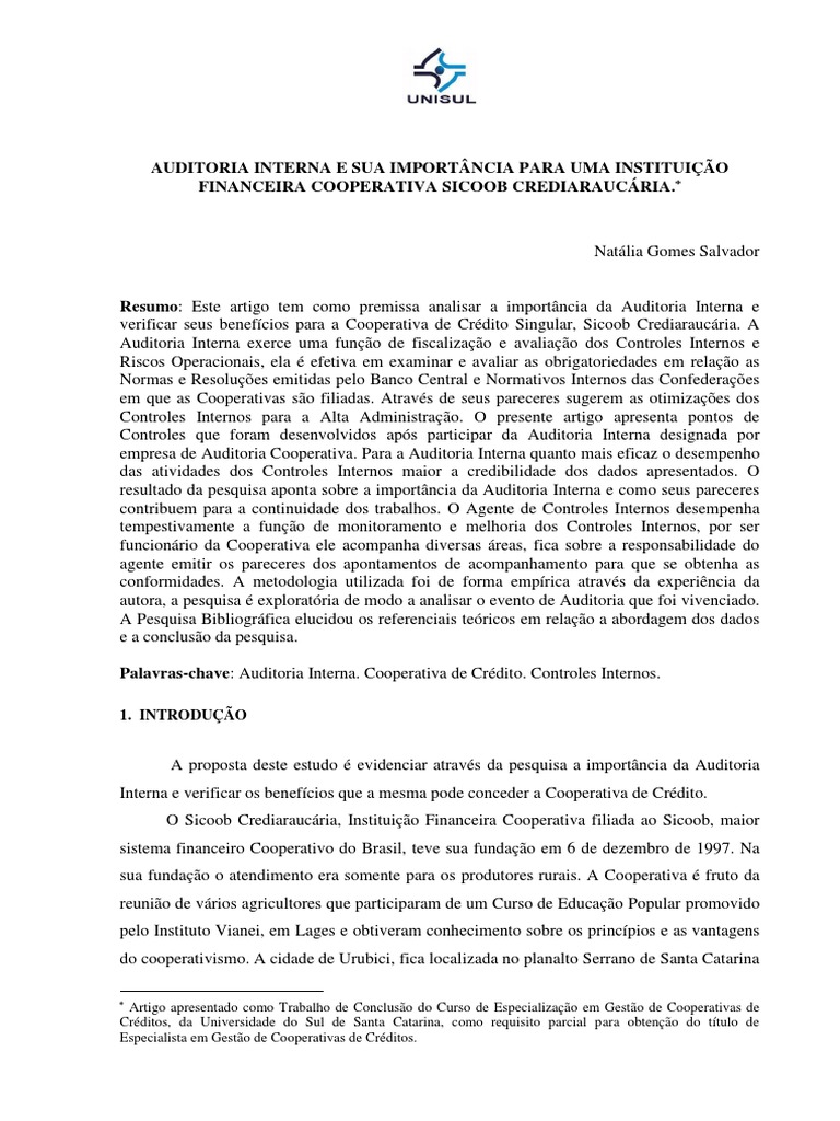 A Importância Da Auditoria Interna para Uma Instituição Financeira ...