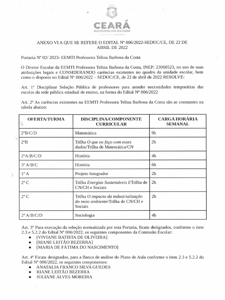 SEFOR2 - EEMTI PROFA TELINA BARBOSA DA COSTA - PORTARIA02 - Daniel