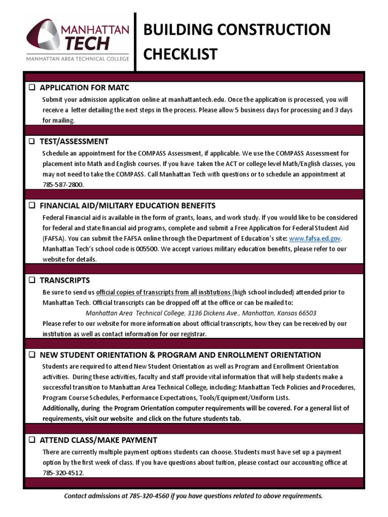 Building Construction Checklist Template PDF Student Financial Aid