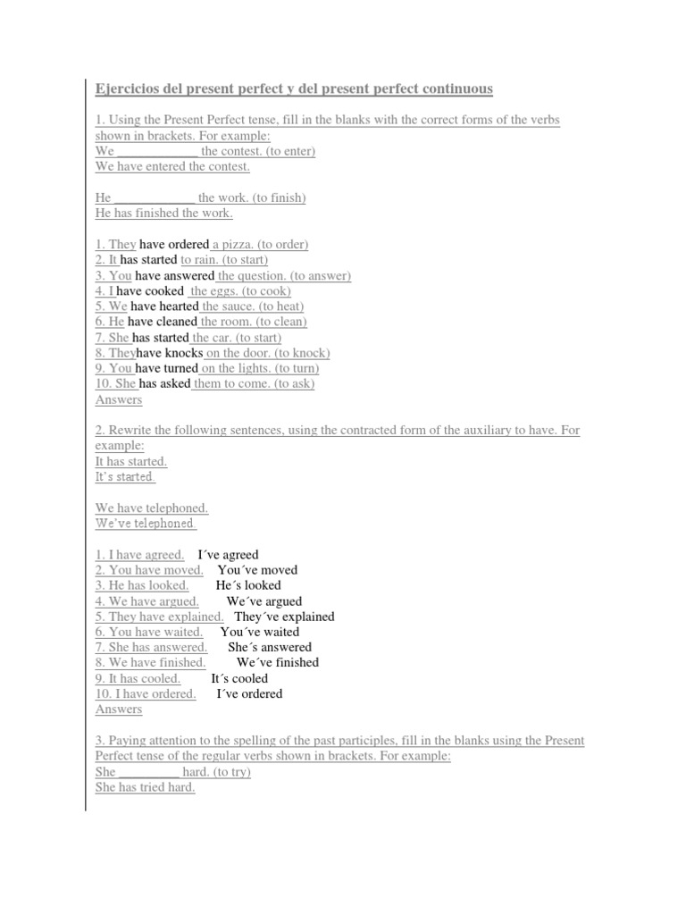 Ejercicios Del Present Perfect y Del Present Perfect Continuous | PDF ...