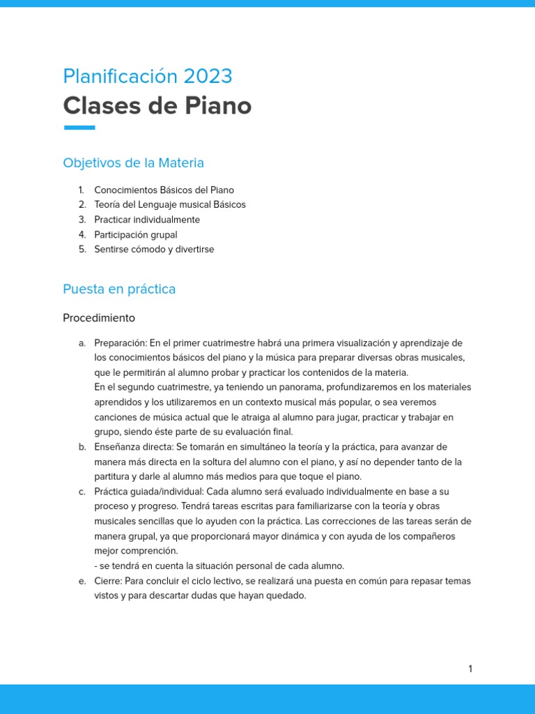 Clases de Piano 2023: Plan de Estudio | PDF