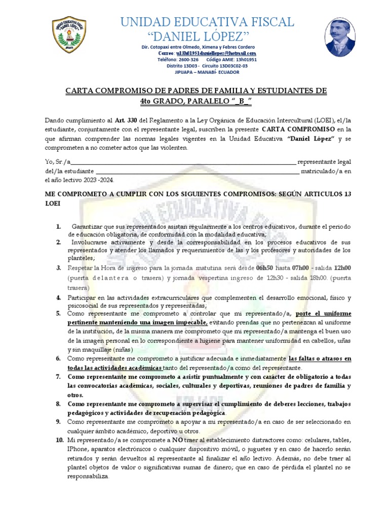 Acta de Compromiso de Padres de Familia y Estudiantes 2023 | PDF