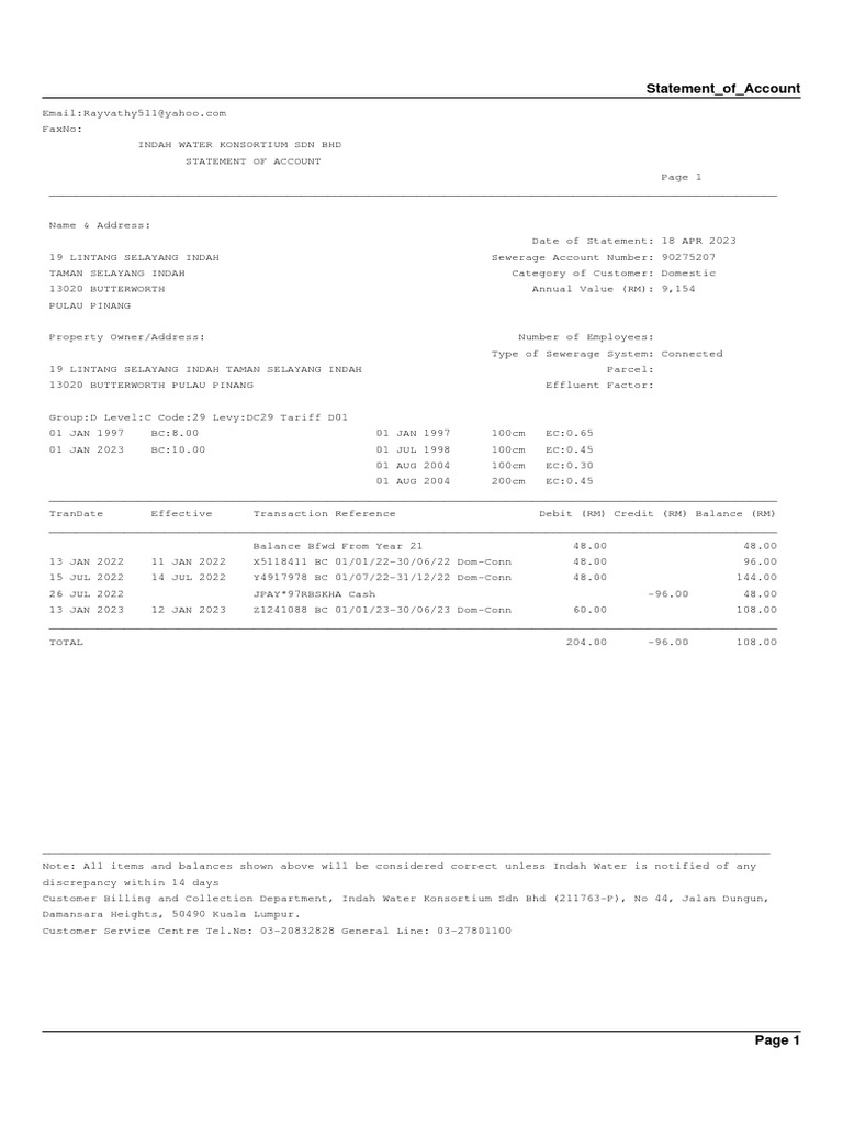 Indah Water Bill PDF Payments Banking