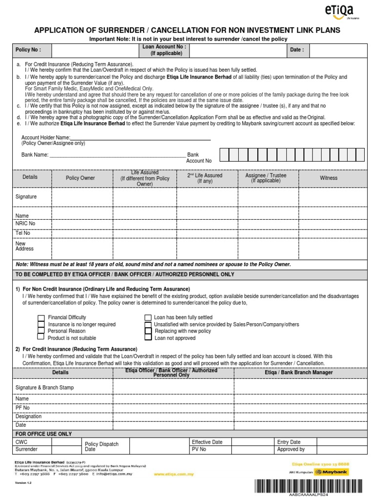 Surrender Application for Life Insurance | PDF | Finance & Money Management