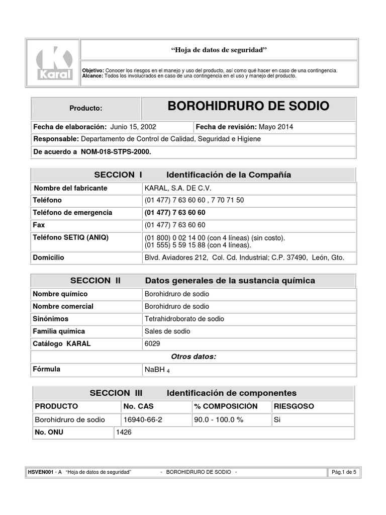 BOROHIDRURO de SODIO HsVen001 Hoja de Datos de Seguridad PDF Agua