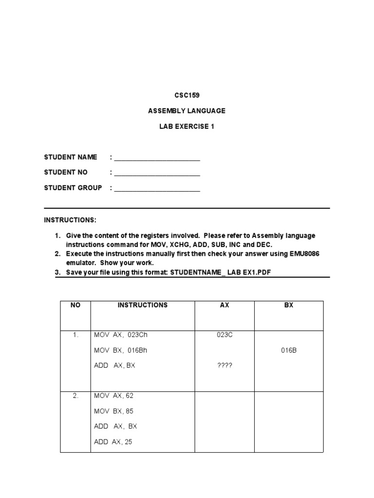 Assembly Lab Ex1 | PDF | Technology & Engineering
