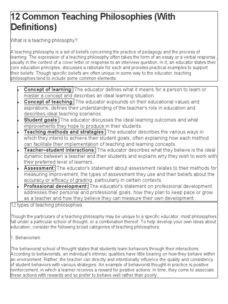 12 Common Teaching Philosophies PDF