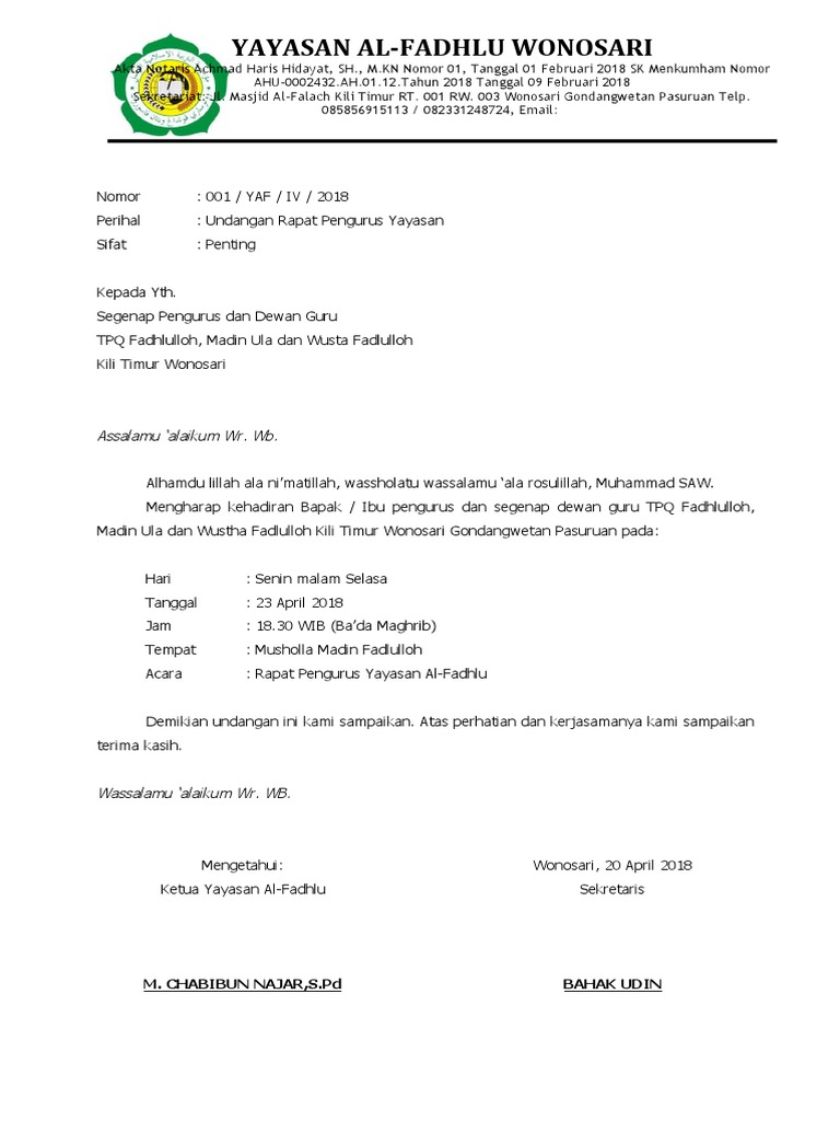 Undangan Rapat Pengurus Yayasan | PDF