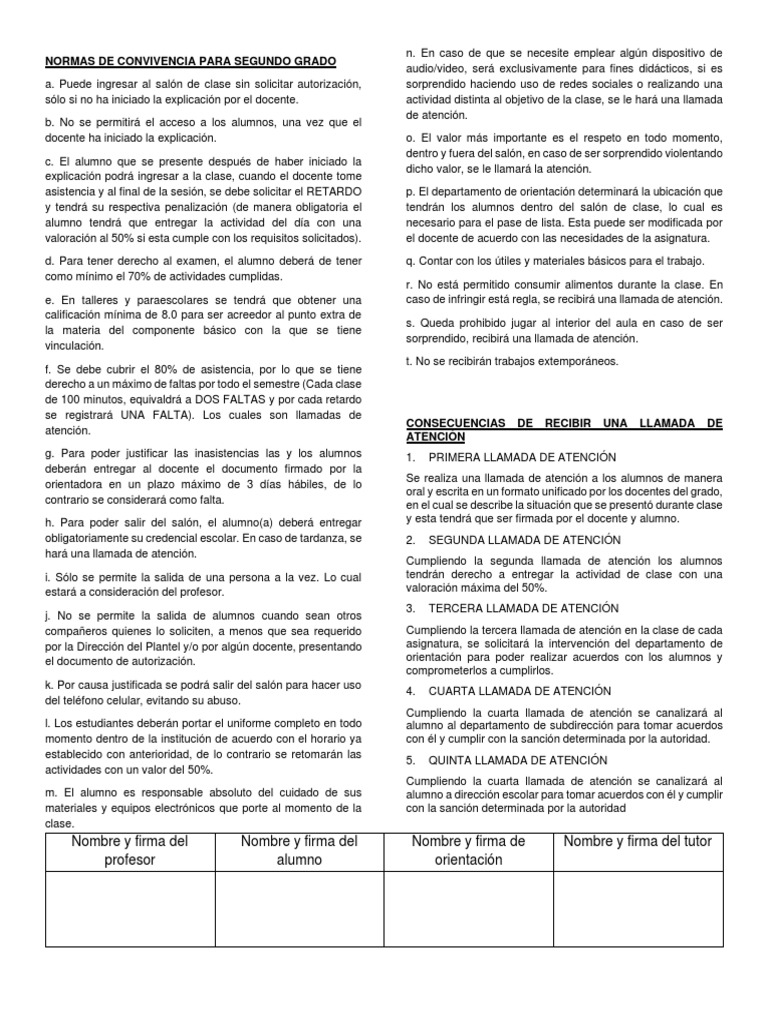 Normas de Convivencia Segundo Grado | PDF