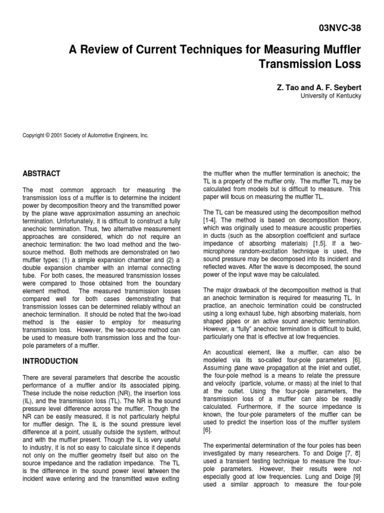 A Review of Current Techniques For Measuring Muffler Transmission Loss