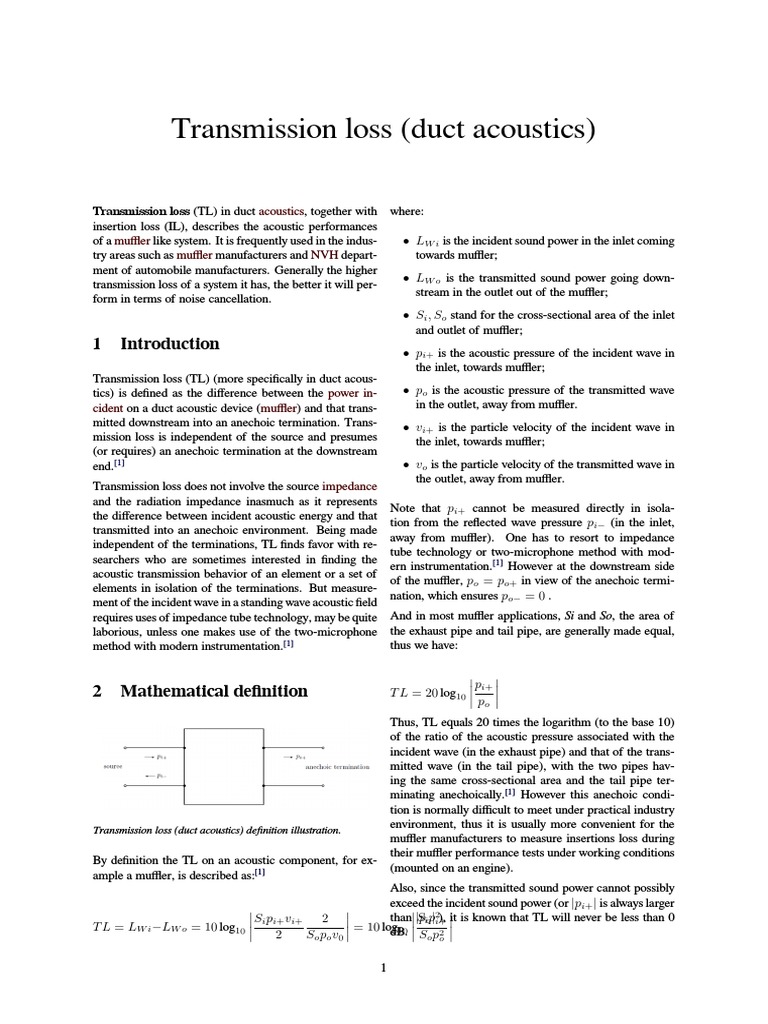 Transmission Loss (Duct Acoustics) PDF Physical Quantities Quantity