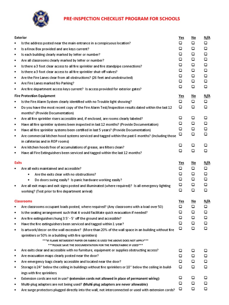 Pre-Inspection Checklist Program For Schools | PDF | Fire Sprinkler ...