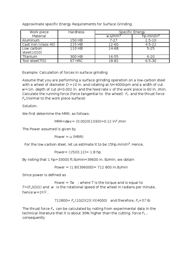 Surface Grinding Energy Calculations | PDF | Grinding (Abrasive Cutting ...