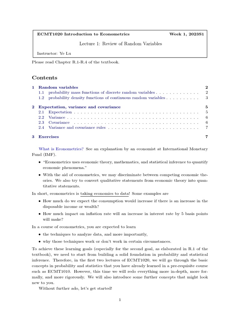 Introduction to Random Variables in Econometrics | PDF