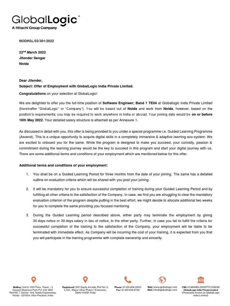 Offer Letter Globallogic PDF