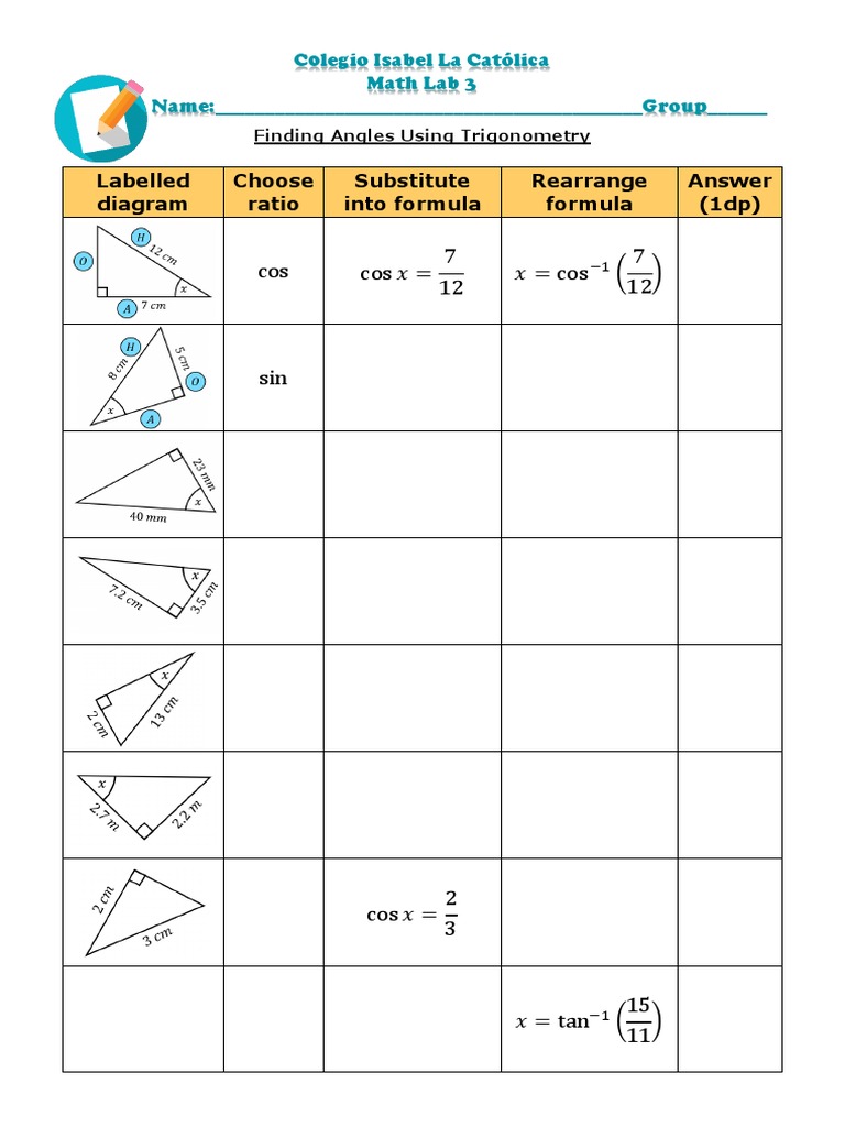 Trigonometry Finding Angles Fill in The Blanks PDF
