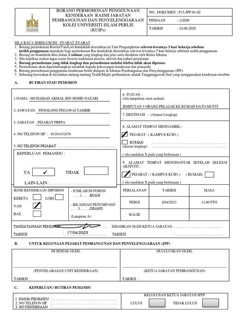 BORANG PERMOHONAN KENDERAAN Dato Mufti | PDF