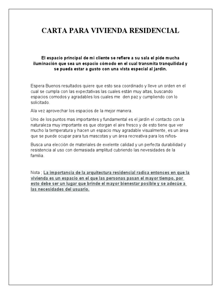 Carta para Vivienda Residencial PDF