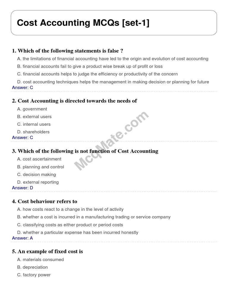 Cost Accounting Solved MCQs (Set1) PDF