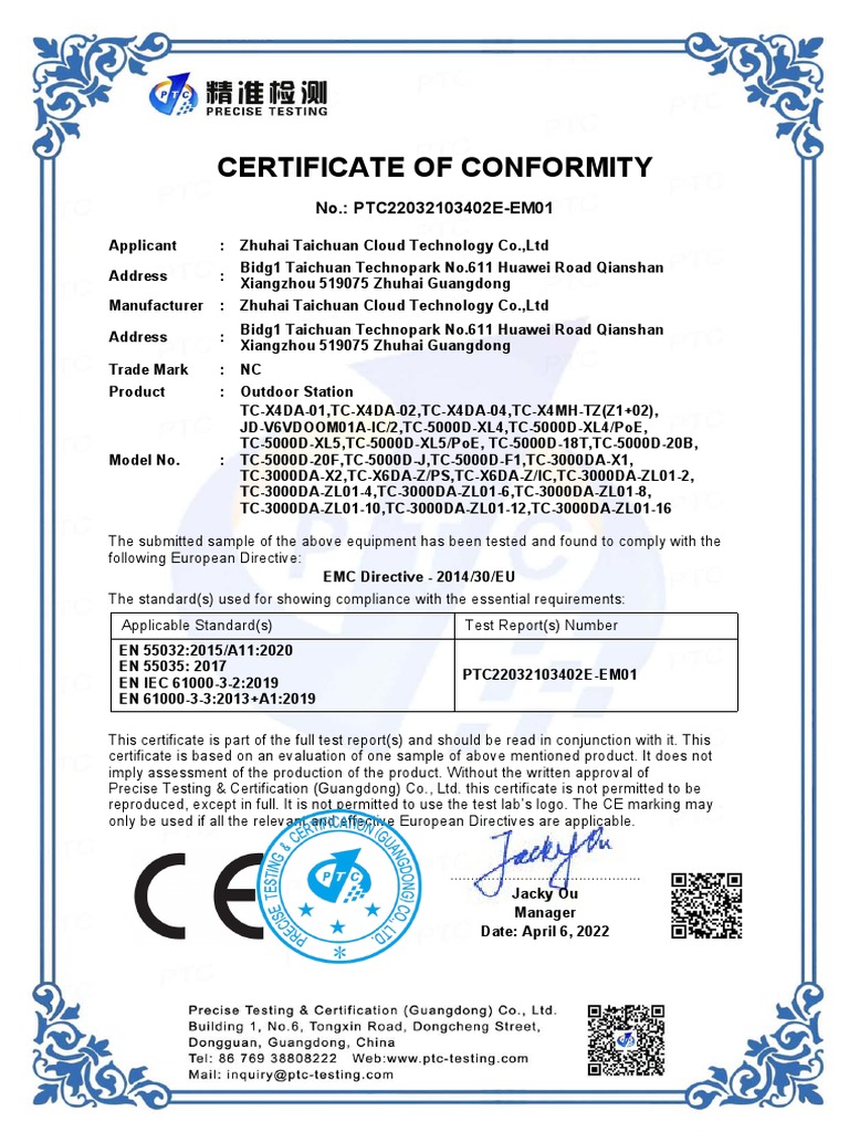 CE Certificate for Outdoor Station Compliance | PDF | Regulation