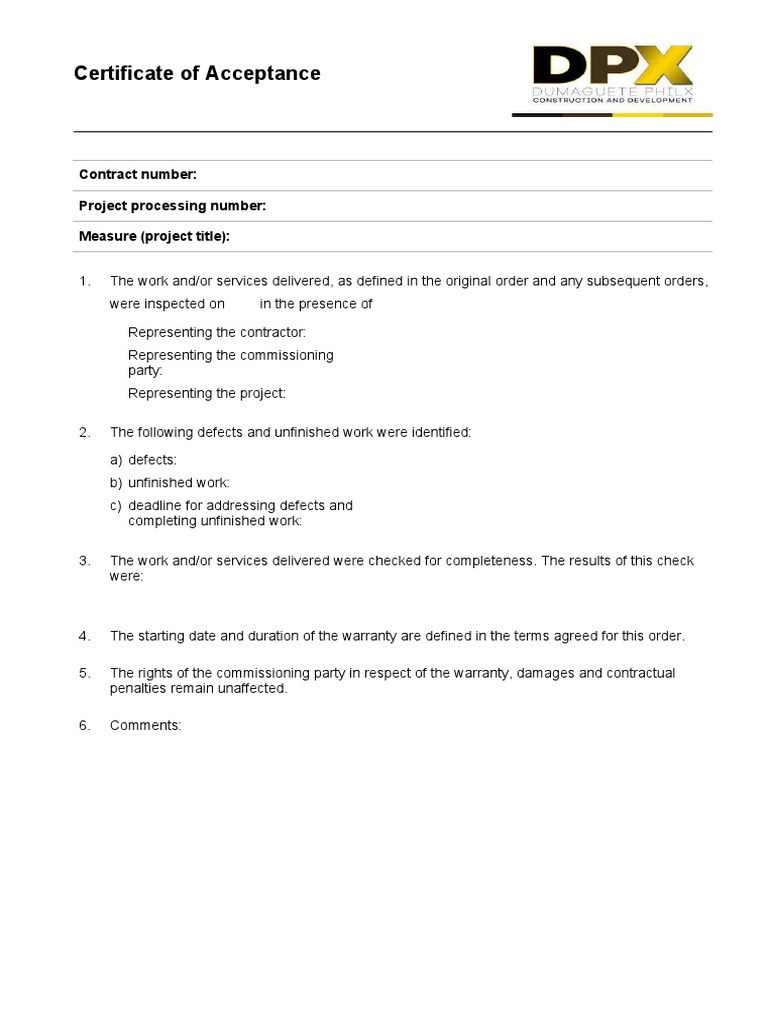 Certificate of Acceptance for Project | PDF