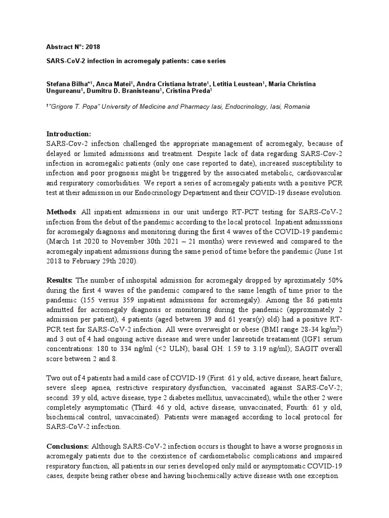 SARS-CoV-2 Infection in Acromegaly Patients Case Series-Poster Ese 2022 ...
