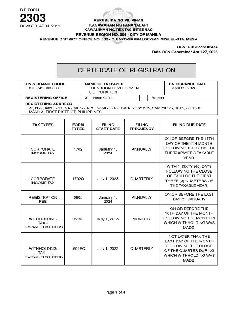 2303 certificate of registration pdf taxes income tax