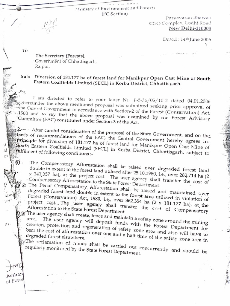 Approval for Diversion of 181.177 Hectares of Forest Land in Korba