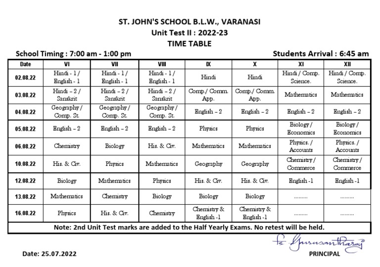 Unit Test - 2 Time Table Vi t0 Xii. | PDF | Science