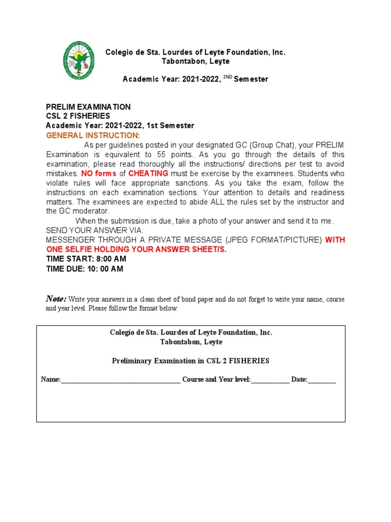 CSL Fisheries Prelim Exam Guidelines | PDF | Science & Mathematics ...