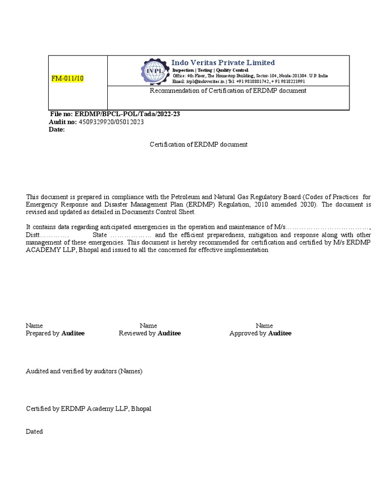 FM-011-10 (Recommendation of Certification of ERDMP Document) | PDF