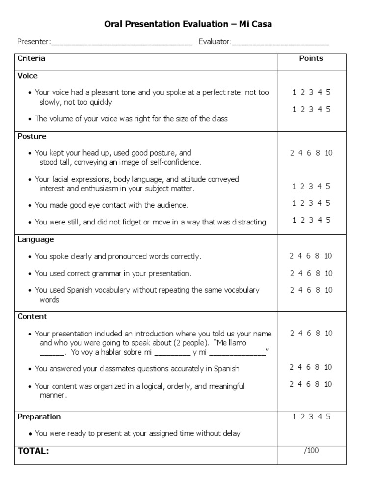 Spanish Presentation Evaluation Rubric | PDF