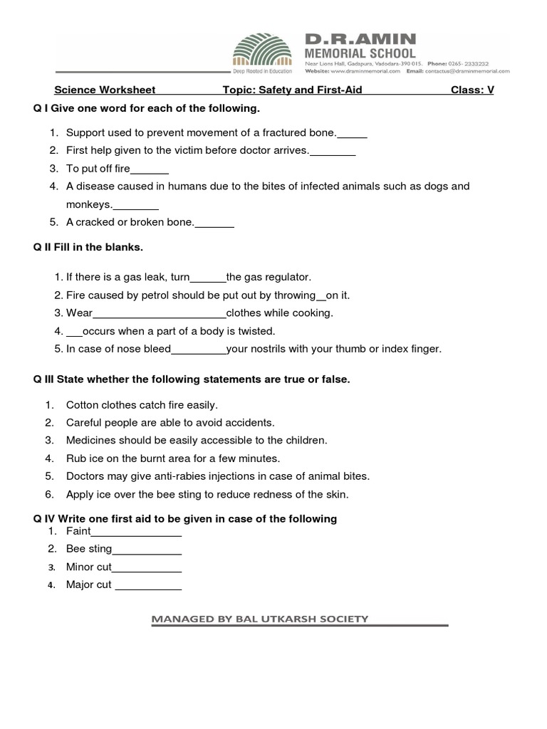 Science Worksheet Topic Safety and FirstAid Class V Q I Give One