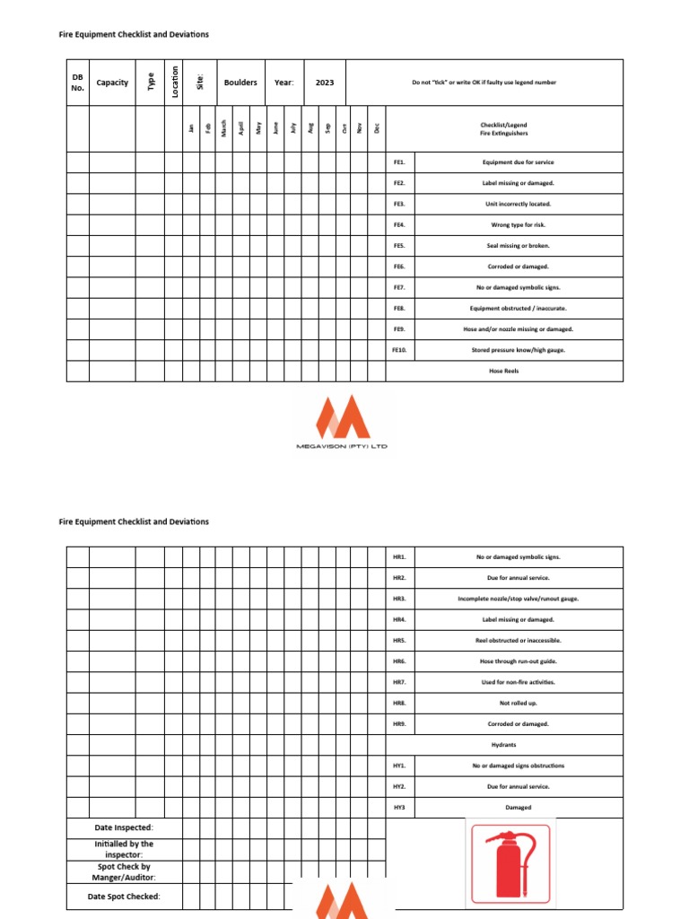 Fire Equipment Inspection Checklist 2023 | PDF | Hydraulics | Equipment