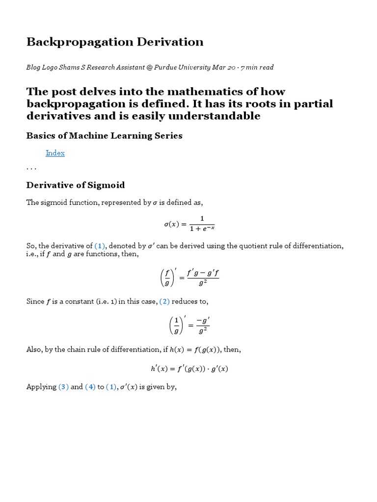 Backpropagation Derivation Machine Learning Medium | PDF