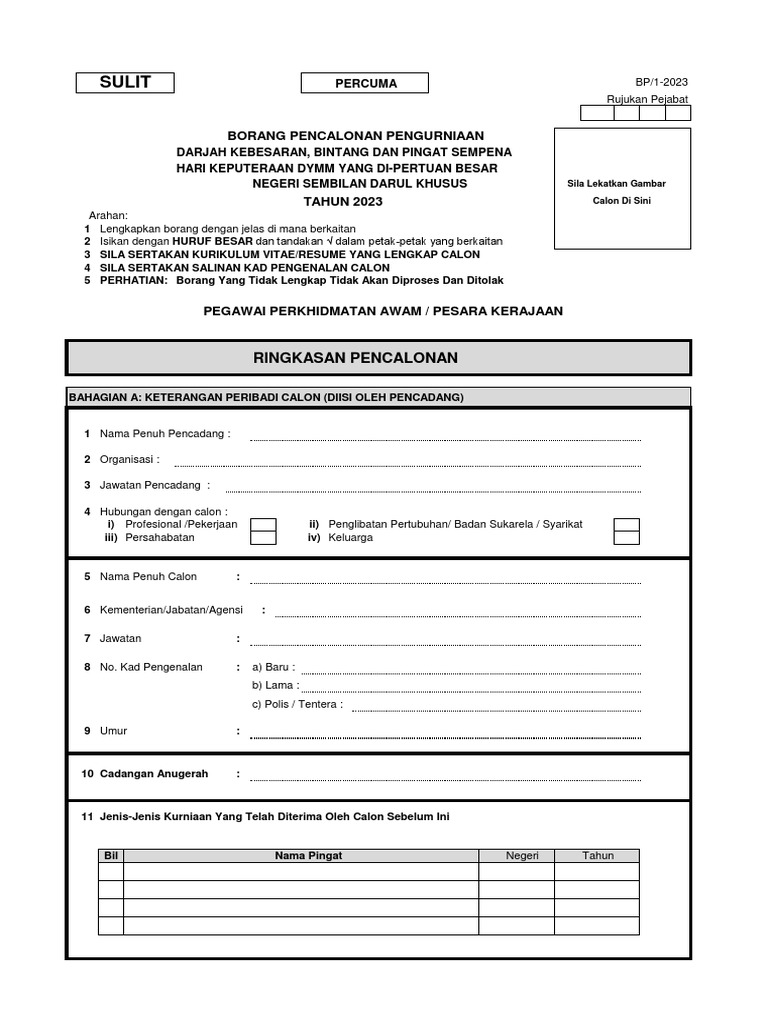 Borang Pingat 2023 Awam | PDF
