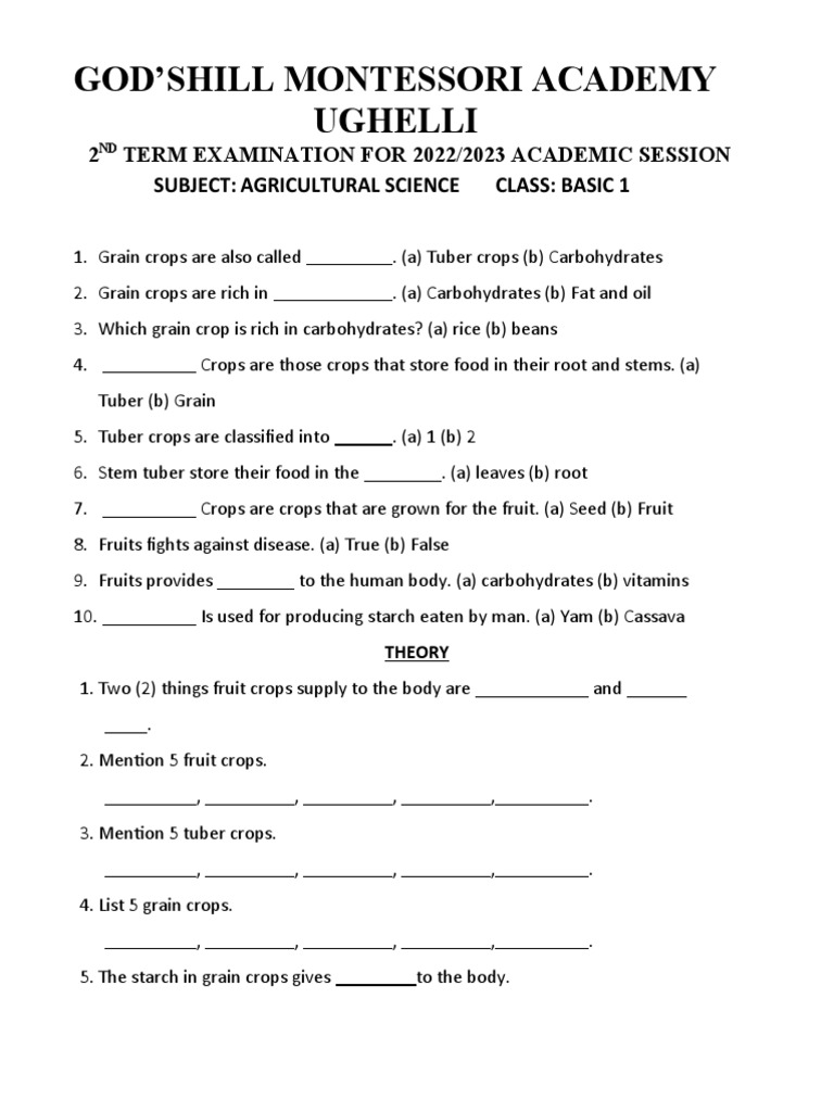 Basic 1 second term exam pdf cereals crops