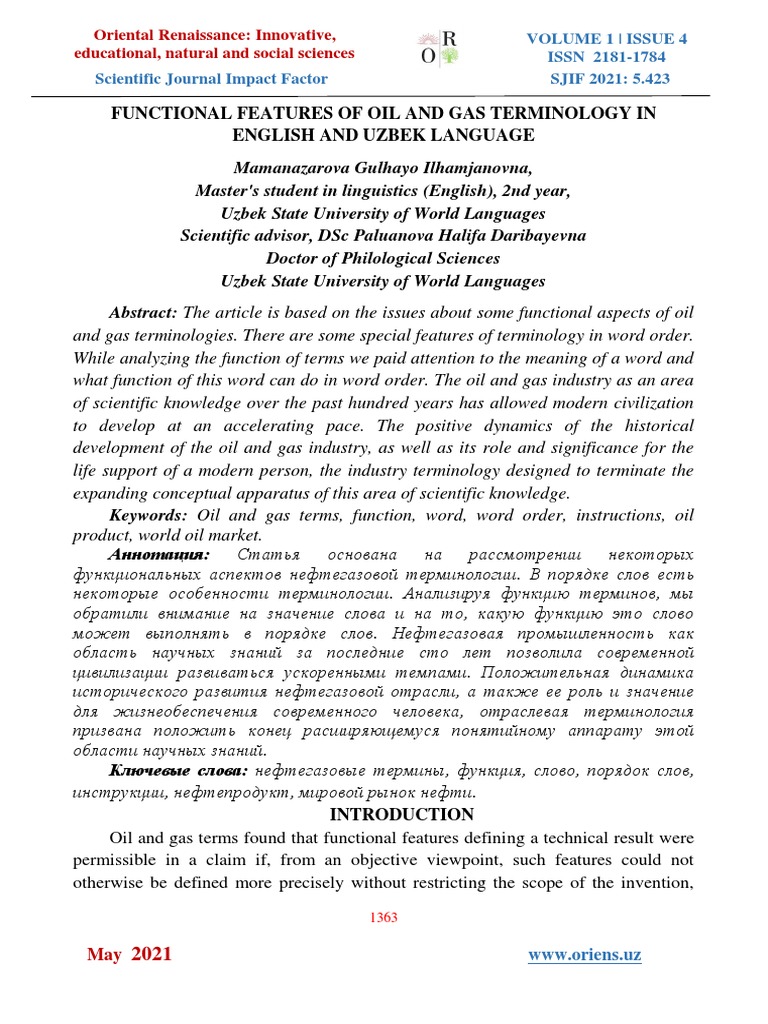 Functional Features of Oil and Gas Terminology in English and Uzbek ...