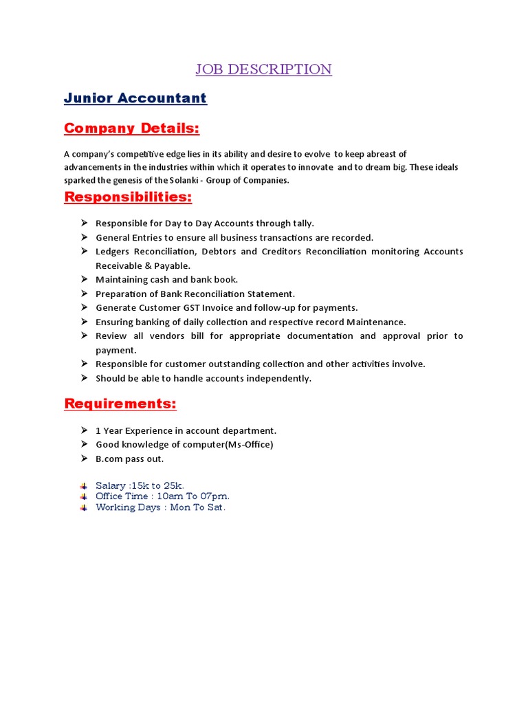 Junior Accountant Job Description | PDF | Career & Growth