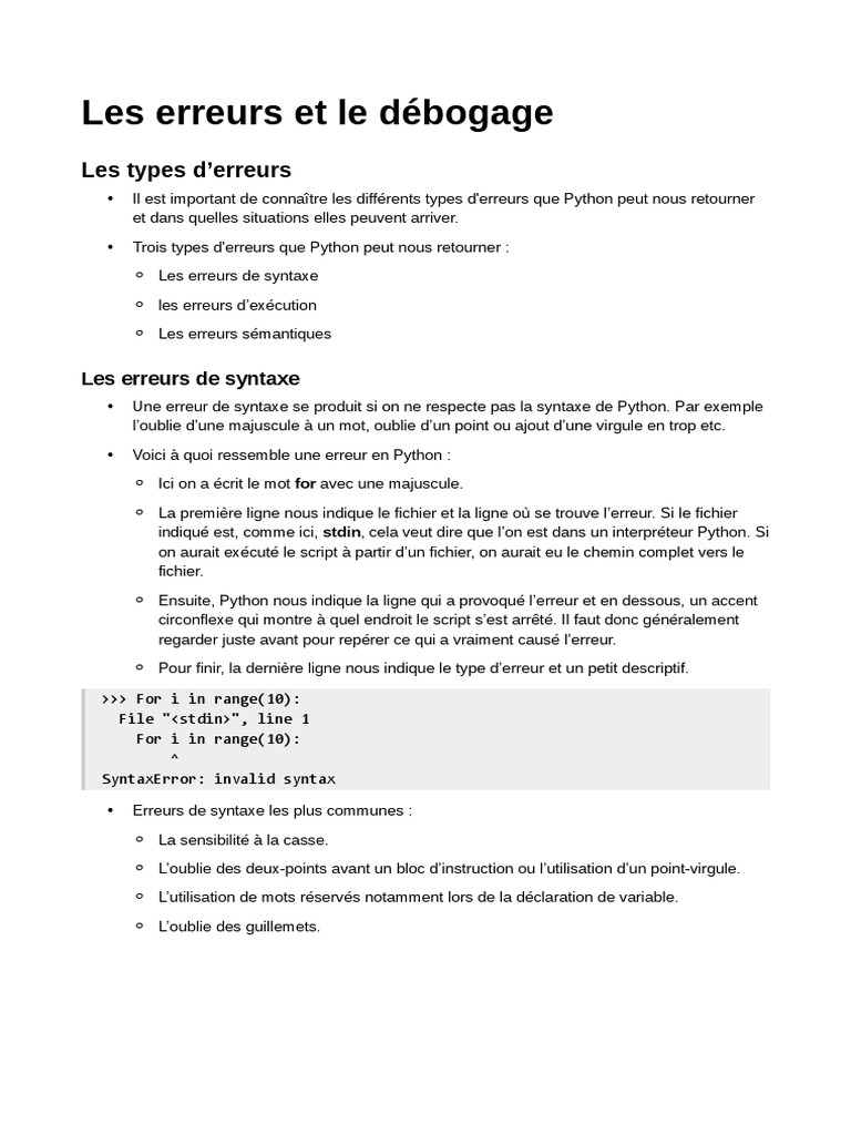 Types d'erreurs et débogage en Python | PDF | Python (Langage de ...