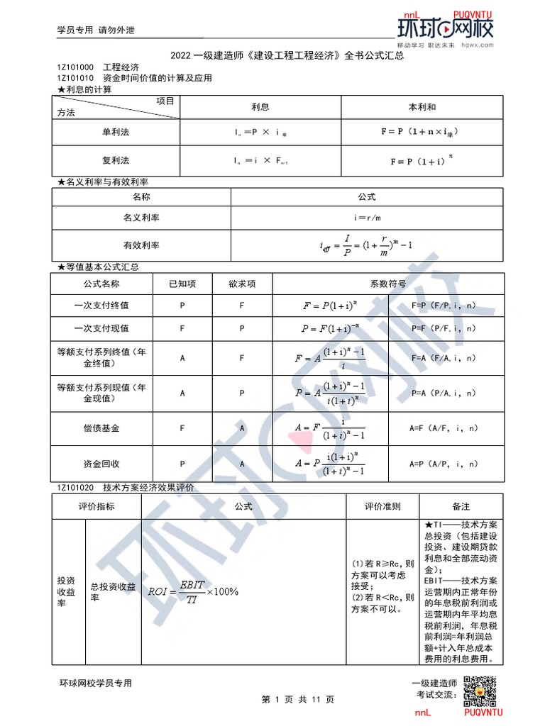 环球22一建《工程经济》全书公式汇总| PDF