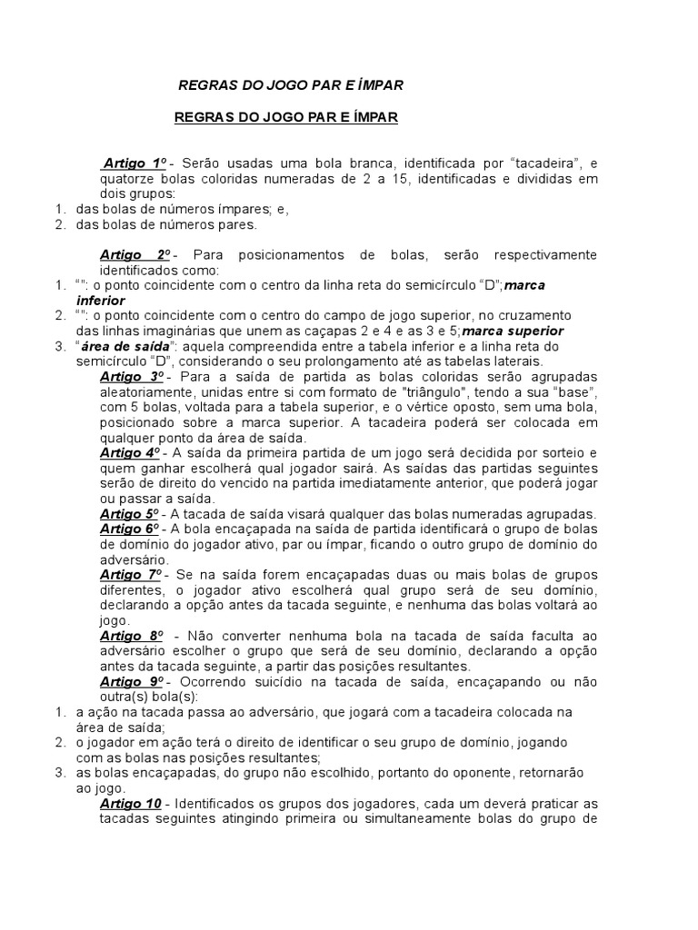 Regras do Jogo Par e Ímpar na Sinuca | PDF
