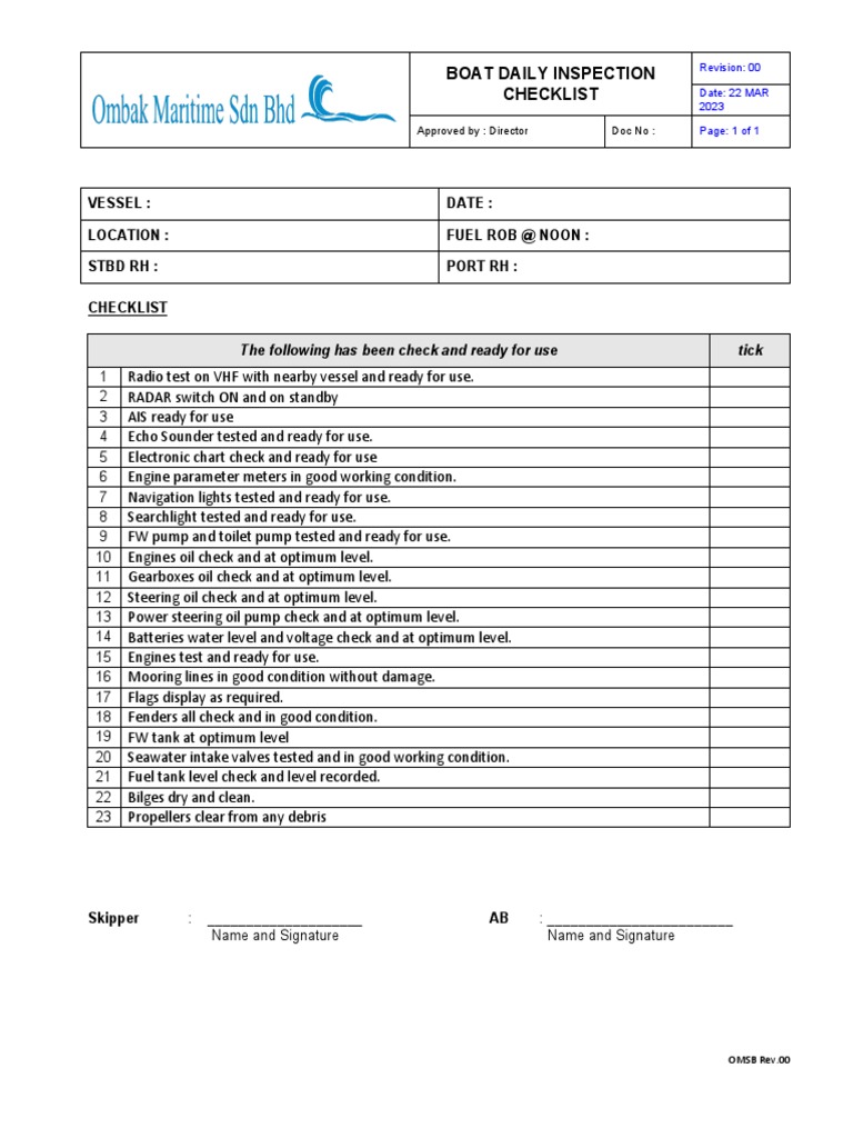 Daily Boat Inspection Checklist | PDF | Technology & Engineering
