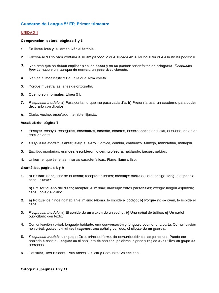 Respuestas Cuaderno Lengua 5º EP | PDF | Estudios de idiomas extranjeros