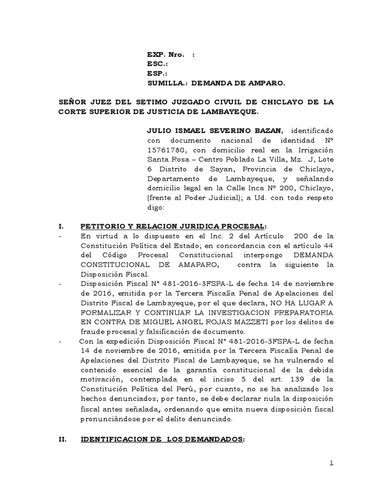 Demanda de Amparo en Chiclayo | PDF | Debido al proceso | Fiscal