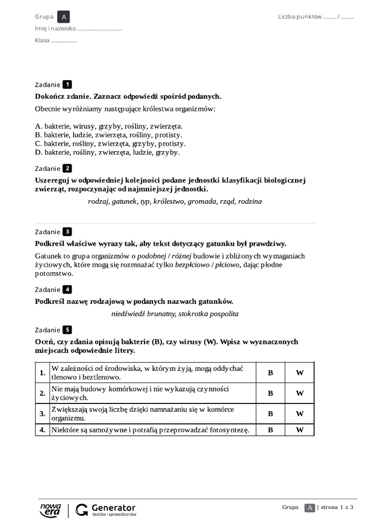Sprawdzian Biologia Klasa 5 Wirusy Bakterie Protisty I Grzyby 3.1.test - Wirusy, Bakterie, Protisty I Grzyby | PDF