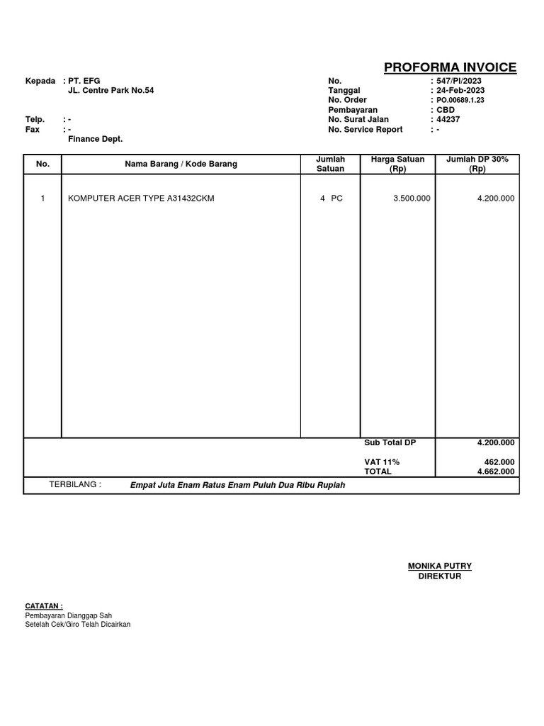 Contoh Proforma Invoice DP 30% | PDF